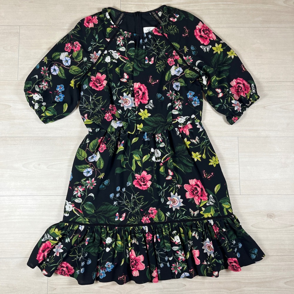 Eliza J Floral Butterfly Print Ruffle Hem Dress Black Pink Size 8 Pocket Detail